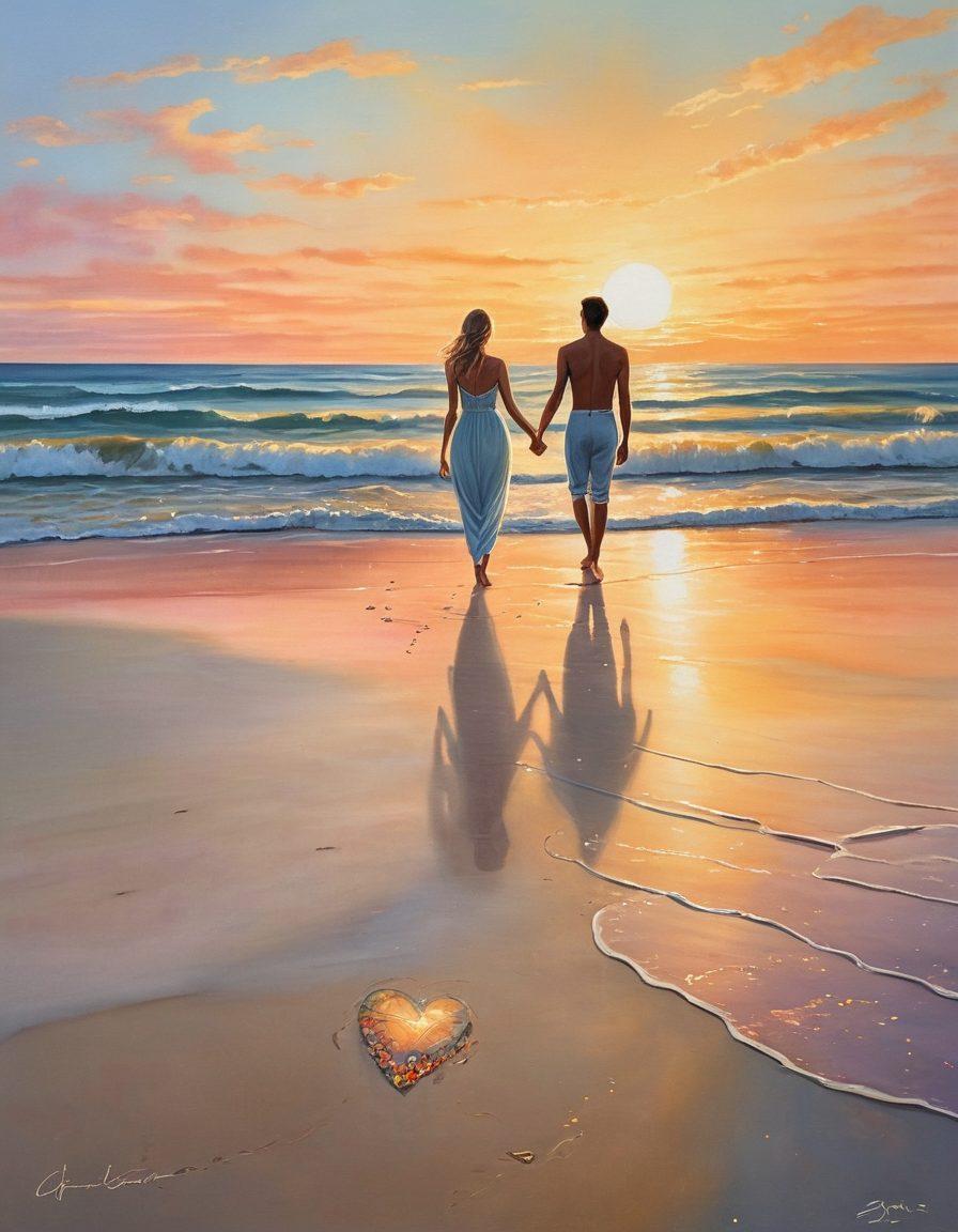 A serene sunset beach scene with a couple holding hands, walking barefoot along the shoreline. Surrounding them are floating heart-shaped lanterns, casting a soft, golden glow. The couple’s expressions show deep connection and harmony, with delicate floral patterns subtly woven into the background to symbolize nurturing love. painting. soft pastel colors. dreamy ambiance.