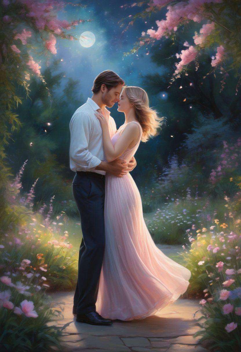 A couple dancing gracefully under a moonlit sky in a serene garden, surrounded by blooming flowers and fireflies, with an aura of affection and intimacy, their expressions filled with joy and harmony. soft pastel tones. painterly style. ethereal glow.